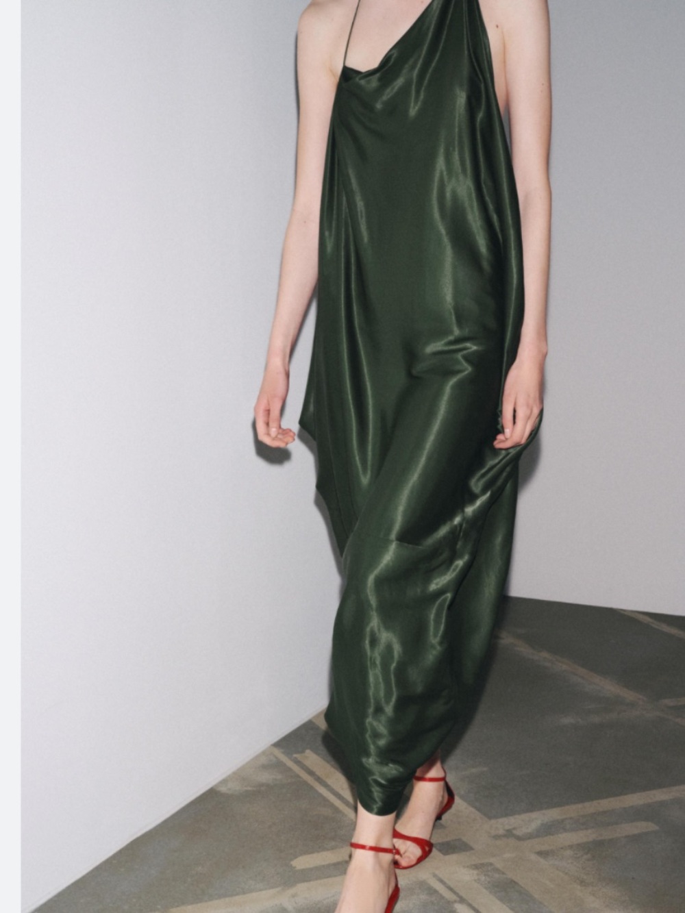 Zara One-Shoulder Satin Olive Green Dress